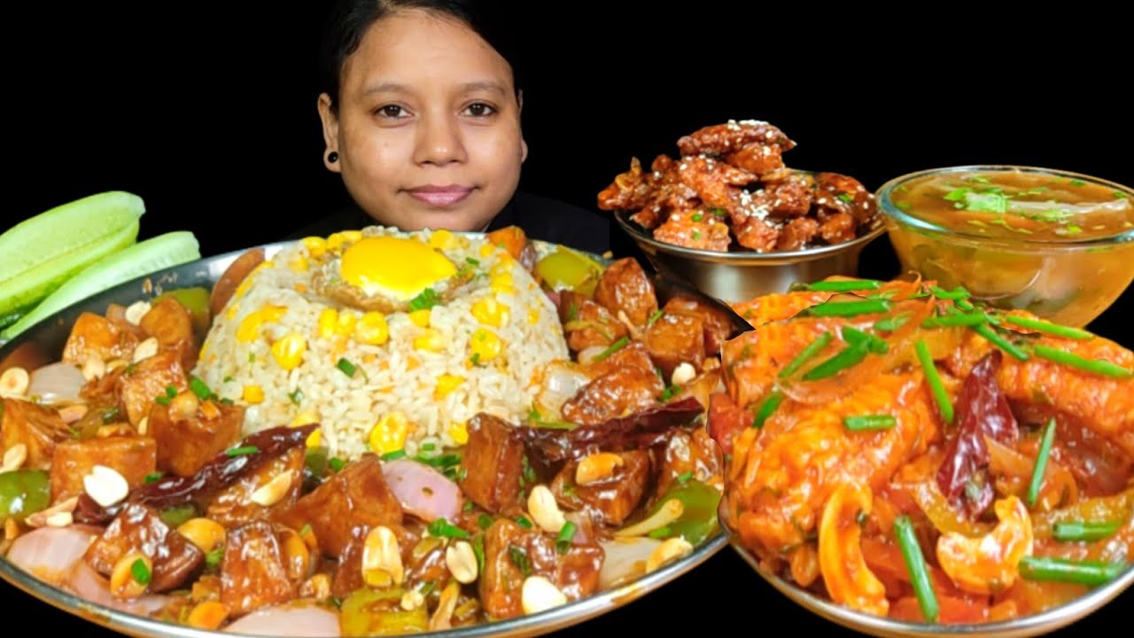 Eating Corn Fried Rice, Honey Garlic Chicken, Dragon Paneer, Kung Pao Potato & Soup | Eating Show