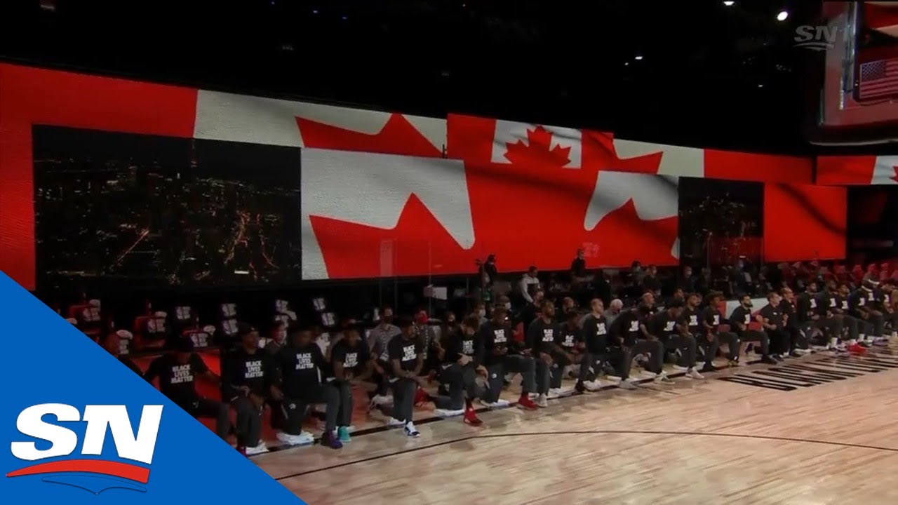 Toronto Raptors And Los Angeles Lakers Kneel During Canadian And American National Anthems