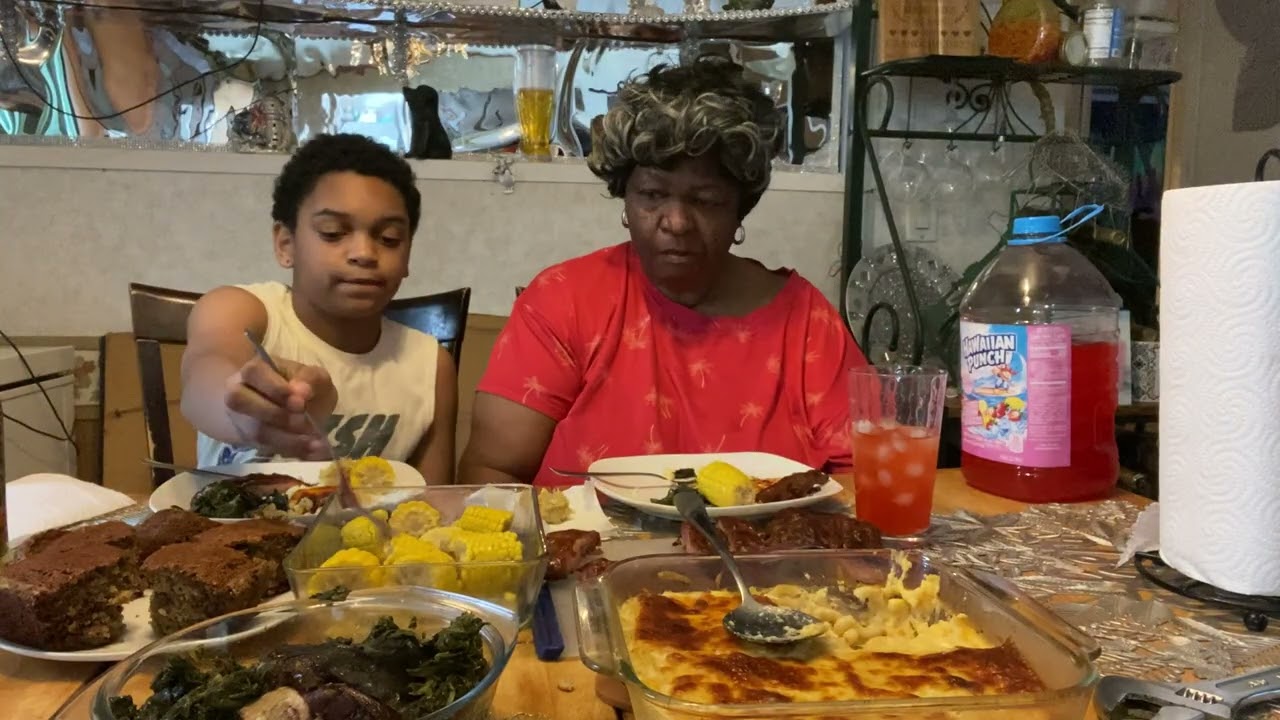 Today we’ll have greens barbecue ribs, mac & cheese, and corn on the cob