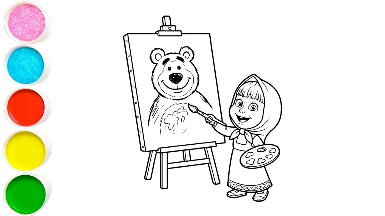 Cute Masha with bear drawing painting and colouring for kids and toddlers 