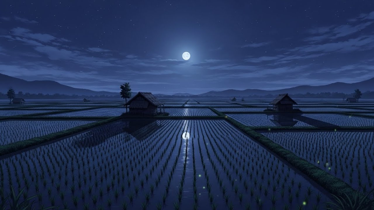 Gentle Chill Lofi Pulses Drifting Around Moonlit Rice Fields Shaped By Warm Quiet Stillness