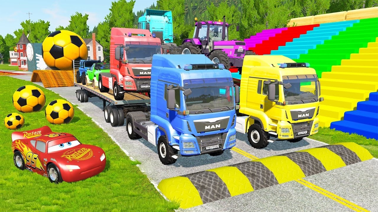 TRANSPORTING PIXAR CARS & FRUITS WITH COLORED & JOHN DEERE vs CLAAS vs TRACTORS - BeamNG.drive #983
