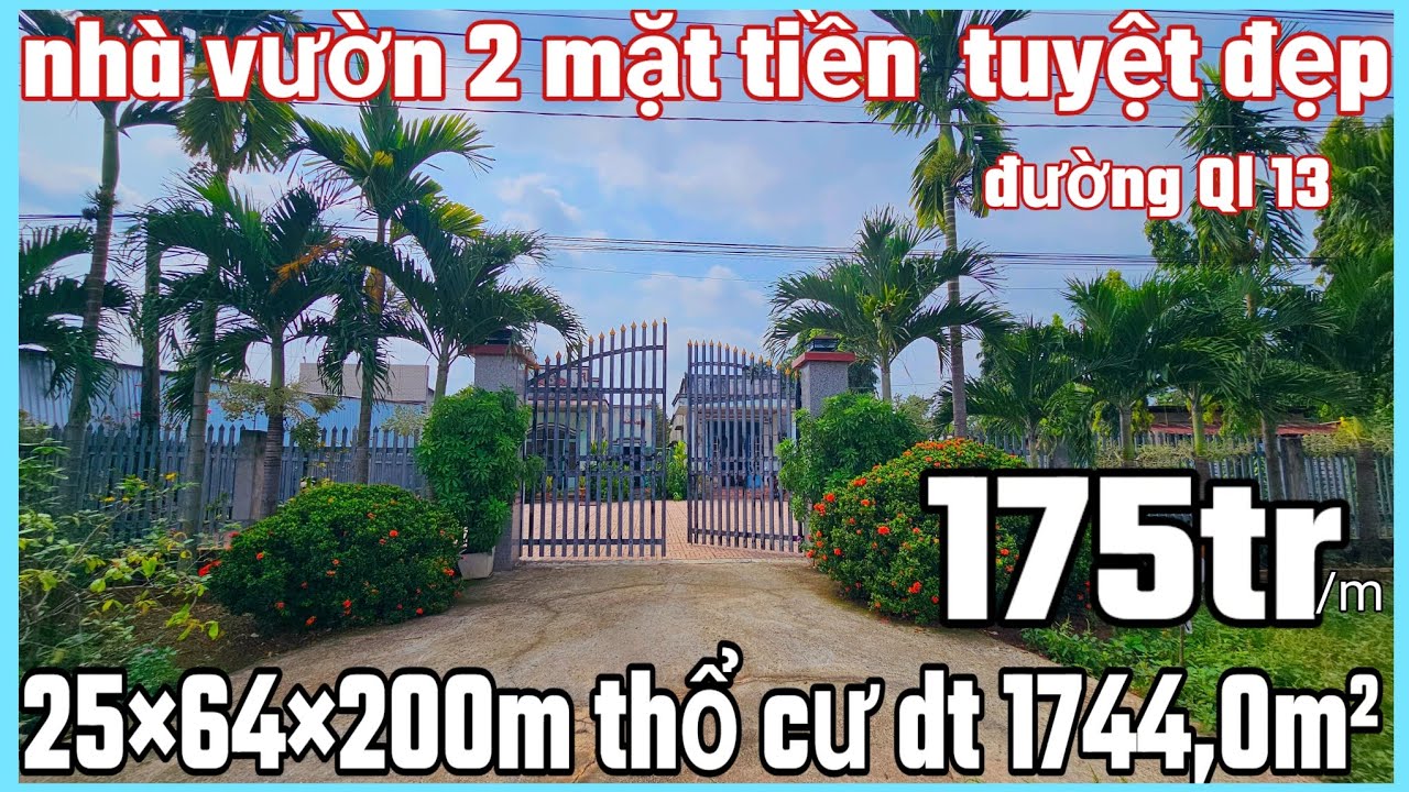 Nhà vườn sầu riêng 2 mặt tiền đường Ql 13 dt759b tuyệt đẹp 25×64×200tc dt 1744,0m² giá 175tr /m bs