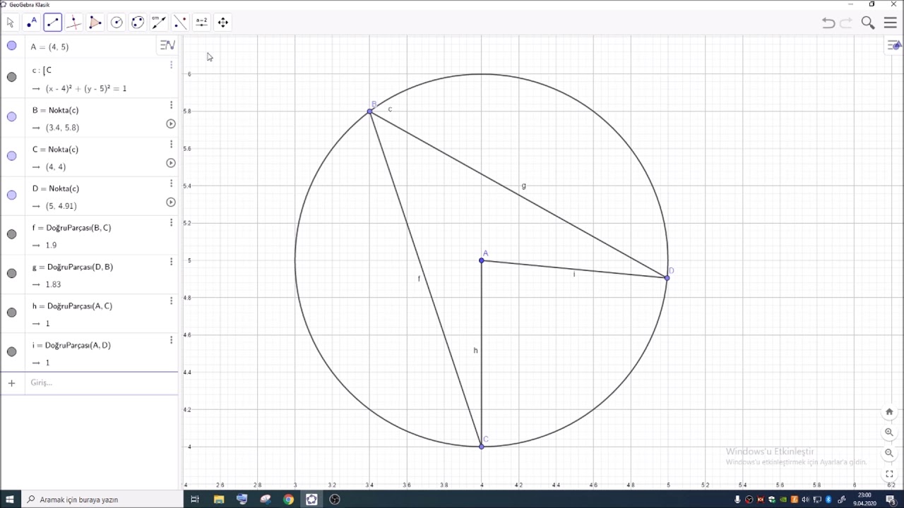 M.7.3.3.1.  GeoGebra da çemberin yayı gördüğü merkez açı ile kenar açı arasındaki ilişkiyi gösterme