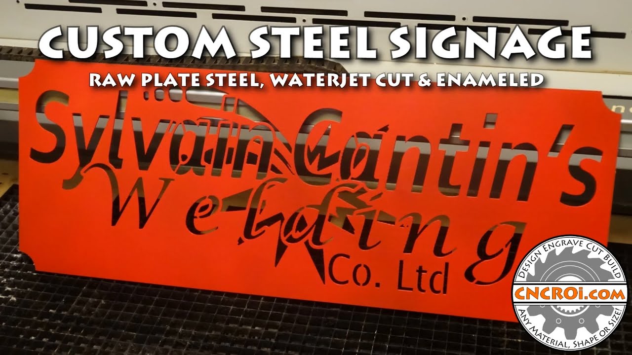 Custom Steel Signage: Raw Plate Steel, Waterjet Cut & Enameled