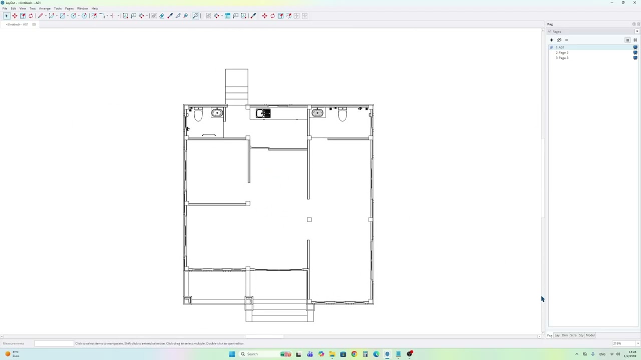 เขียนแบบก่อสร้างบ้านชั้นเดียวทรงปั้นหยา Layout SKetchup 2026 EP3 เขียนแปลนพื้นชั้น1