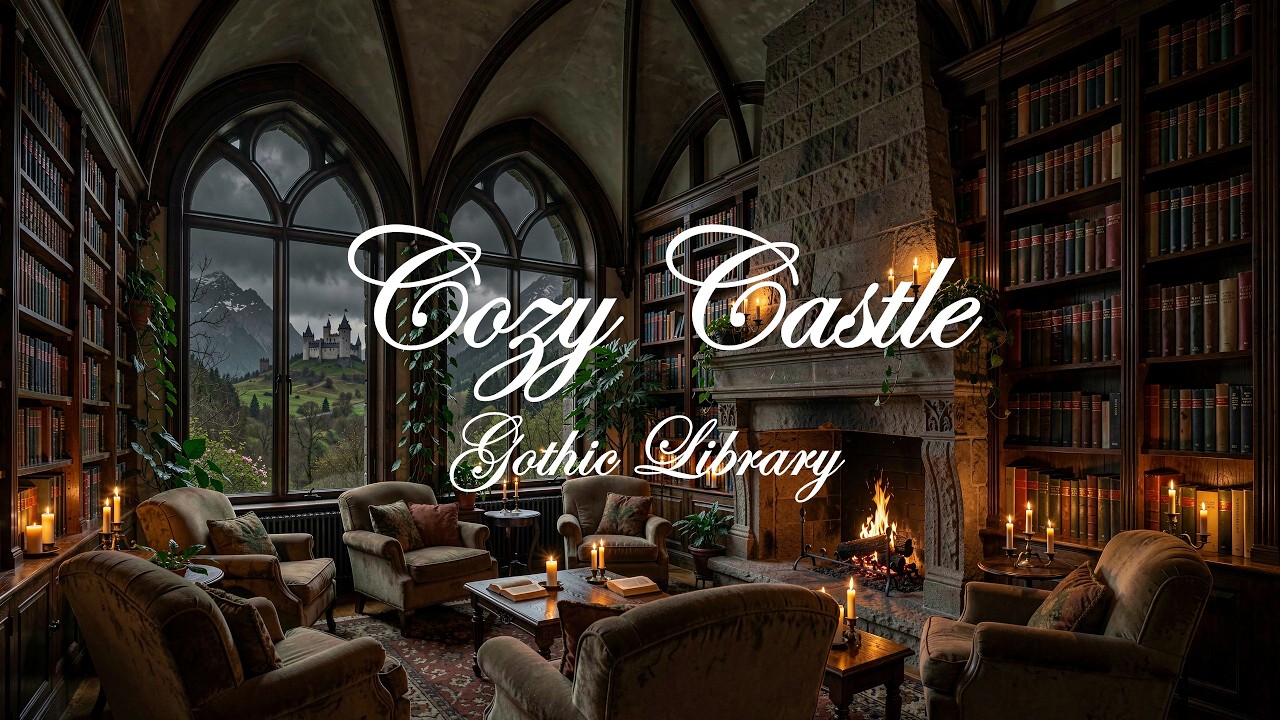 Cozy Castle Library Ambience | Fireplace, Rainstorm & Candlelight