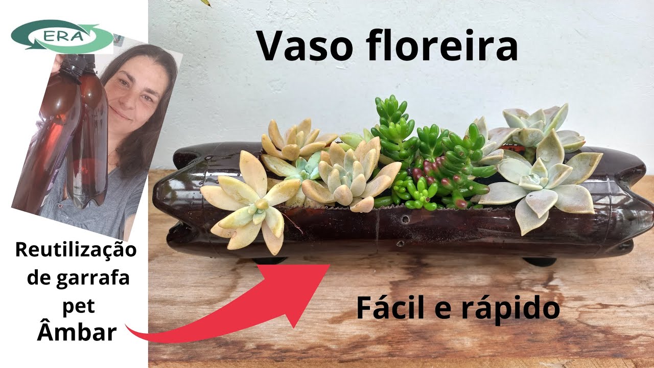Como reutilizar, reaproveitar garrafa pet, âmbar. Vaso floreira para suculentas.