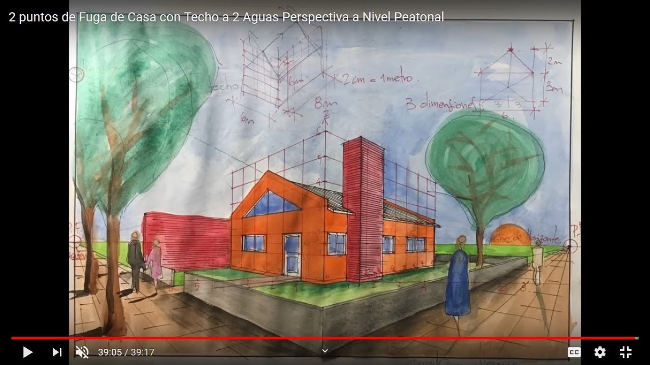 2 puntos de Fuga de Casa con Techo a 2 Aguas Perspectiva  a Nivel Peatonal