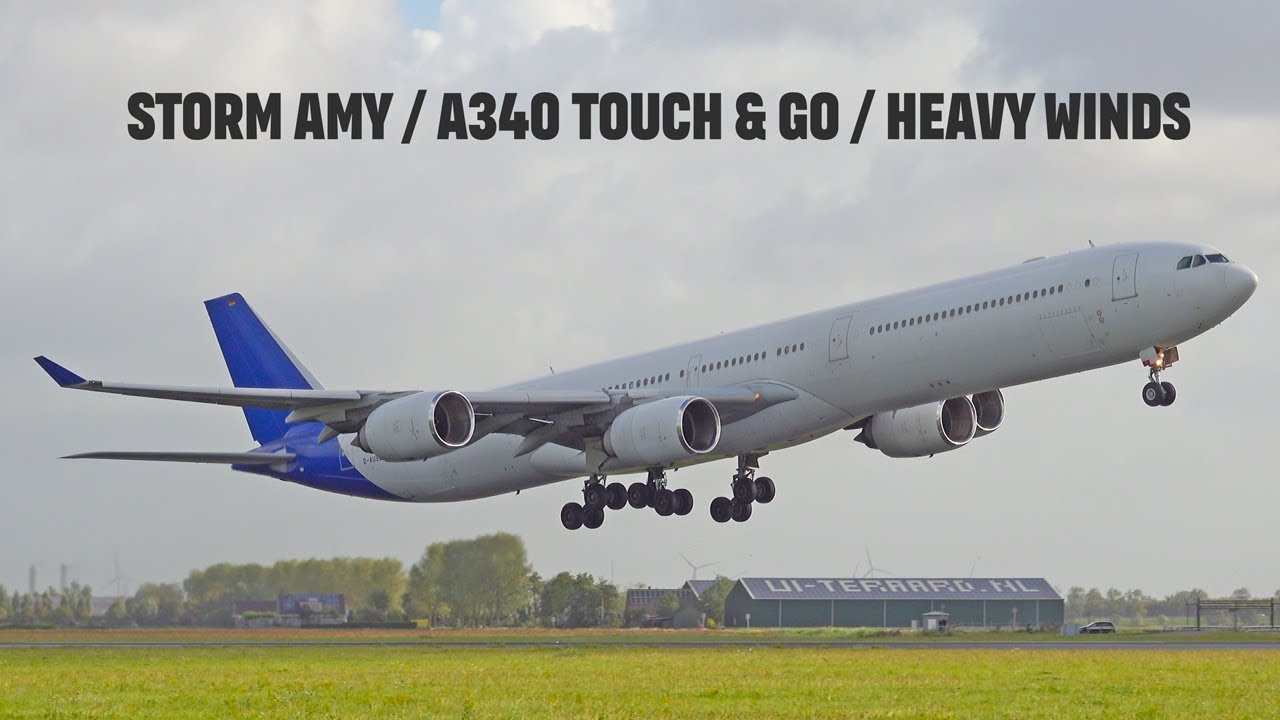 [4K] STORM AMY Highlights💨 A340-600 TOUCH & GO AROUND. Storm Planespotting at Schiphol Airport 🇳🇱