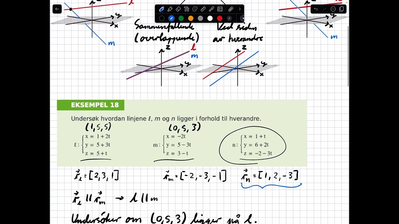 R2: 5D Linjer og kurver 2: Parameterframstilling for linjer, eksempel 18