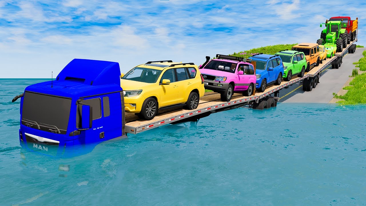 Triple Flatbed Trailer McQueen Transportation with Truck - Speedbumps vs Cars vs Train - BeamNG #3