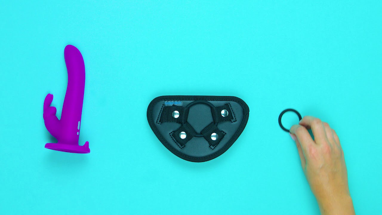 Happy Rabbit - Rechargeable Vibrating Strap On Harness Set (Purple)
