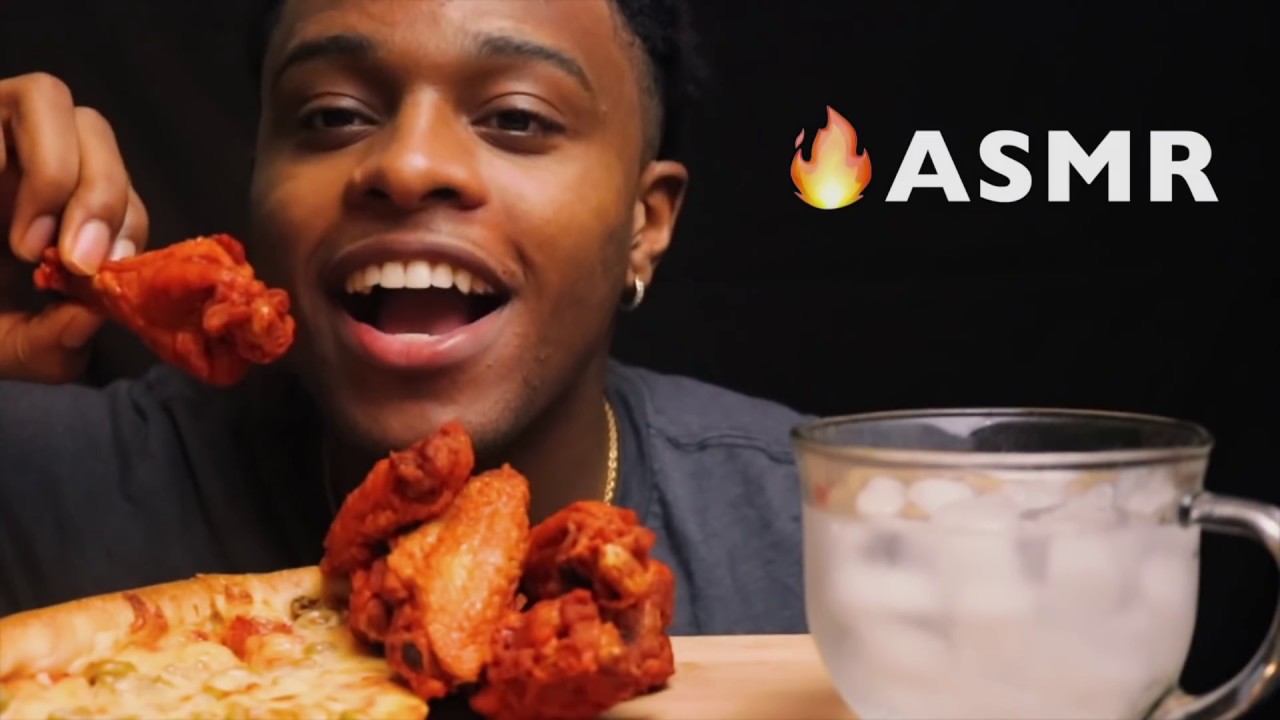 Trying Pizza Mukbang ASMR BUFFALO Wings