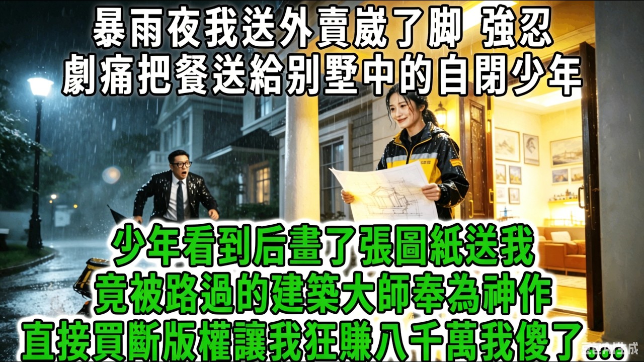 暴雨夜我送外賣崴了脚，強忍劇痛把餐送給别墅中的自閉少年。少年看到后畫了張圖紙送我，竟被路過的建築大師奉為神作，直接買斷版權讓我狂賺八千萬，黑心外賣站長傻眼了！#荷上清風 #爽文