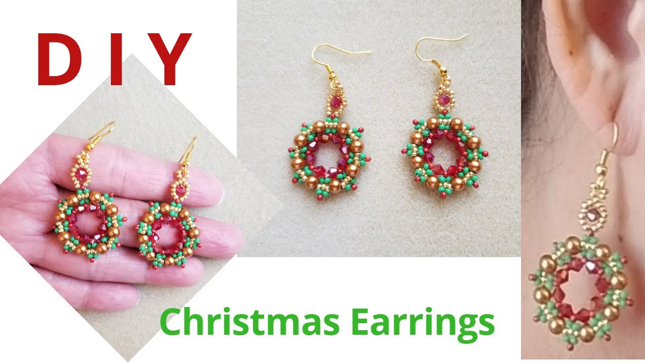 DIY How to make Easy Christmas Wreath Beaded Earrings / Aretes / Orecchini / Beaded Jewelry / #241