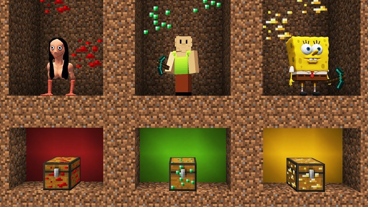 BATTLE of TREASURE SEARCH: MOMO vs HAMOOD HABIBI vs SPONGEBOB in Minecraft !!!