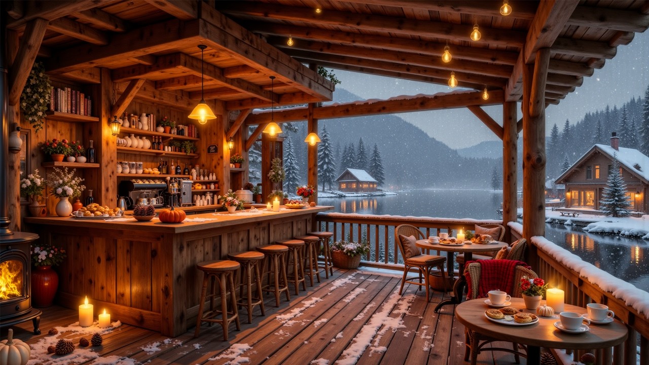 Relaxing Winter Jazz for Stress Relief – Cozy Lakeside Coffee Porch Ambience | Warm Jazz Music