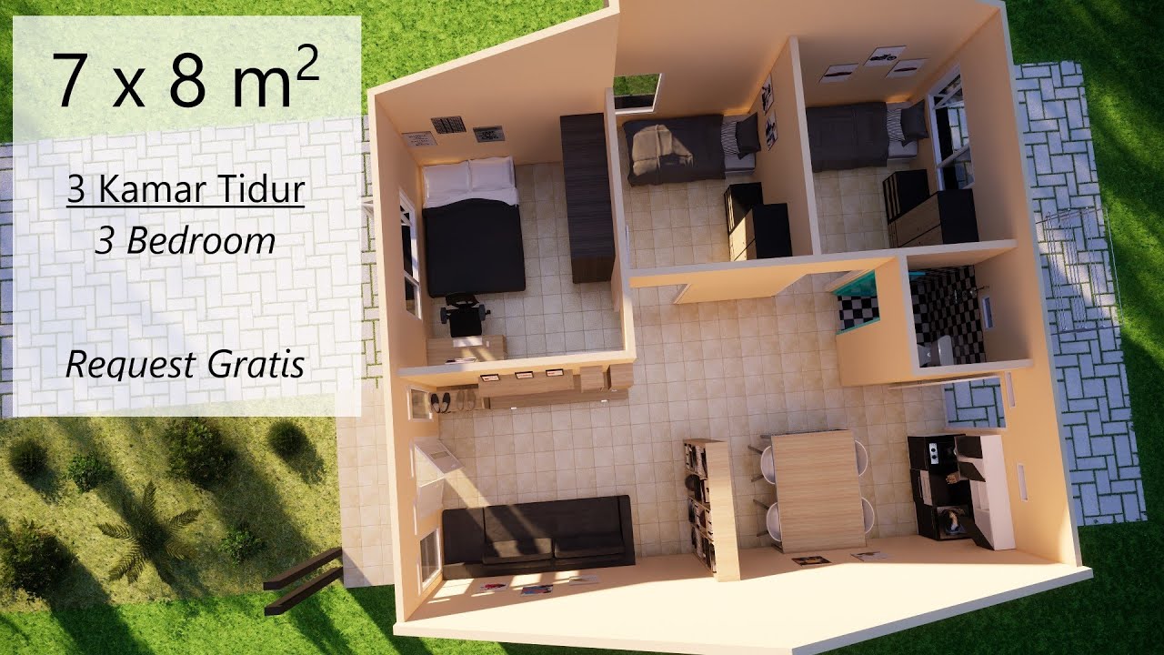 Desain Rumah Minimalis 7x8 - 3 Kamar Tidur