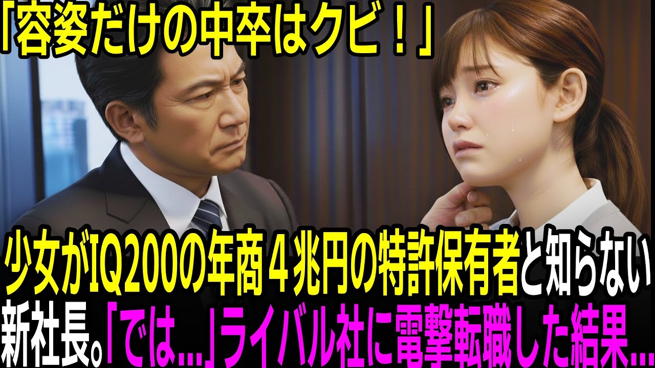 IQ200の少女が年商4兆円の特許保有者と知らない新社長。「容姿だけの高卒はクビ」と見下し即解雇。翌朝、技術停止宣告しライバル社へ電撃転職！前社は即破産し業界追放された新社長は泣きつく
