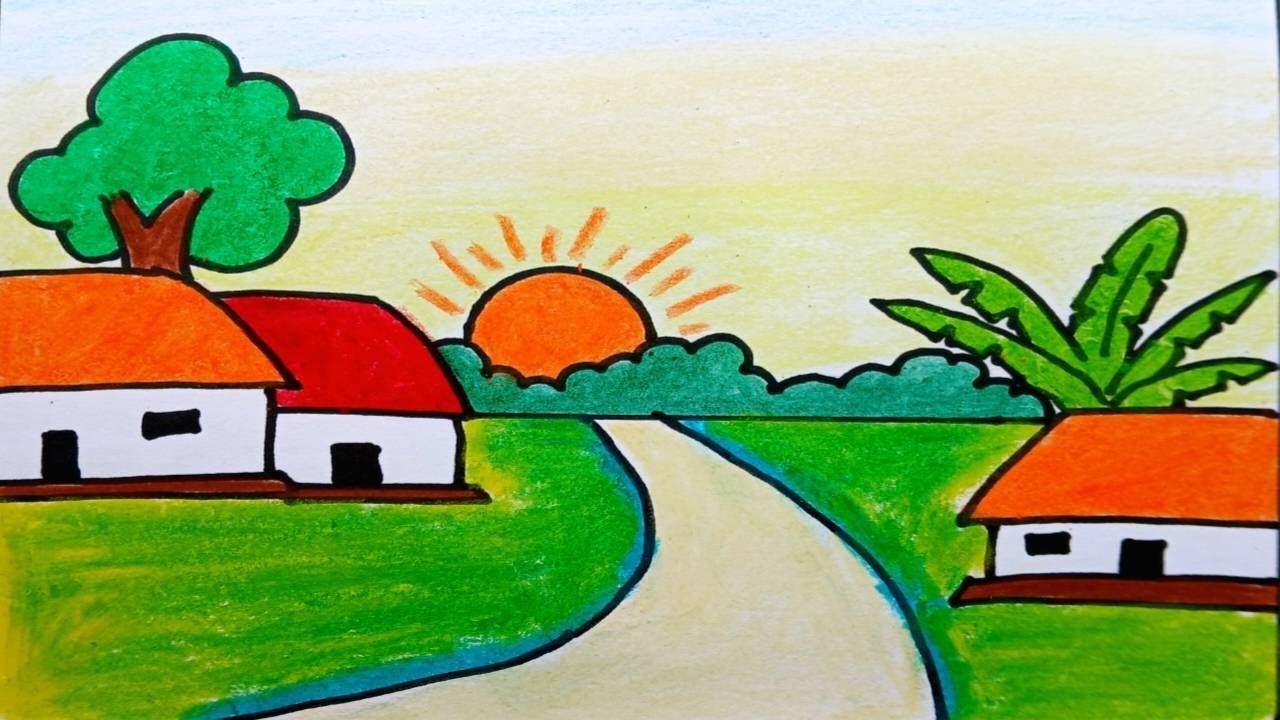 Easy landscape drawing for beginners|Learn house and nature simple painting