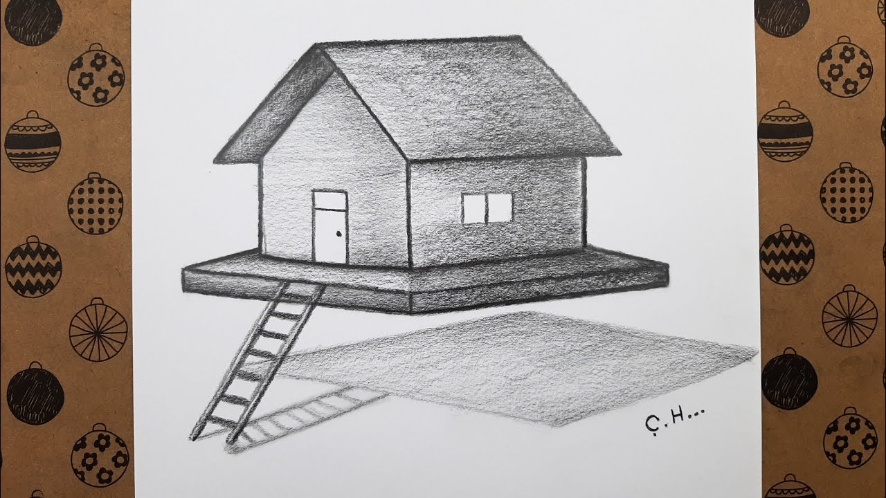 Karakalem 3 Boyutlu Bir Ev Resmi Adım Adım Nasıl Çizilir, Çizim Hobimiz 3D Çizimleri