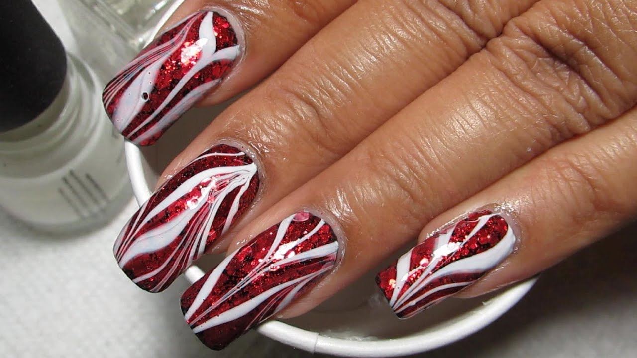 Red Glitter & White (Glam Bacon!) Water Marble Nail Art Tutorial