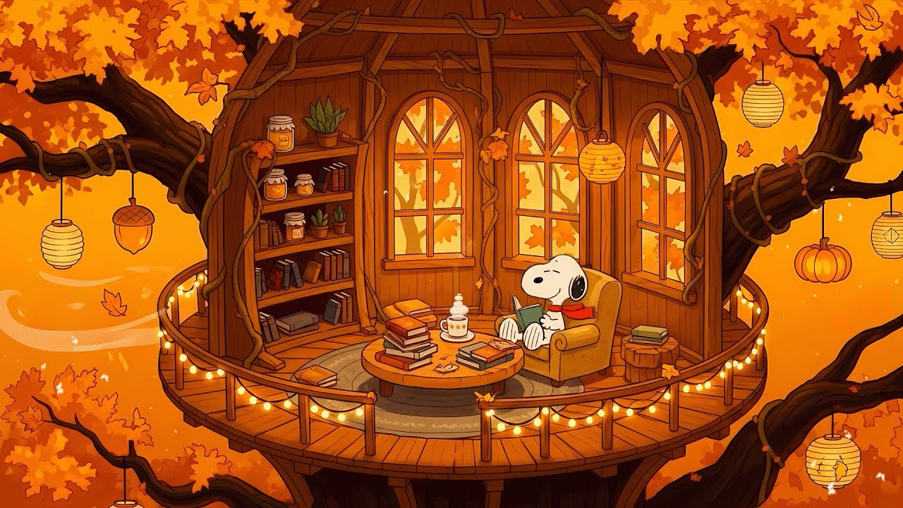 🍁 Snoopy Treehouse Caf&eacute; ☕ Relaxing Lofi for Study & Work 🌙 Cozy Autumn Study Beats