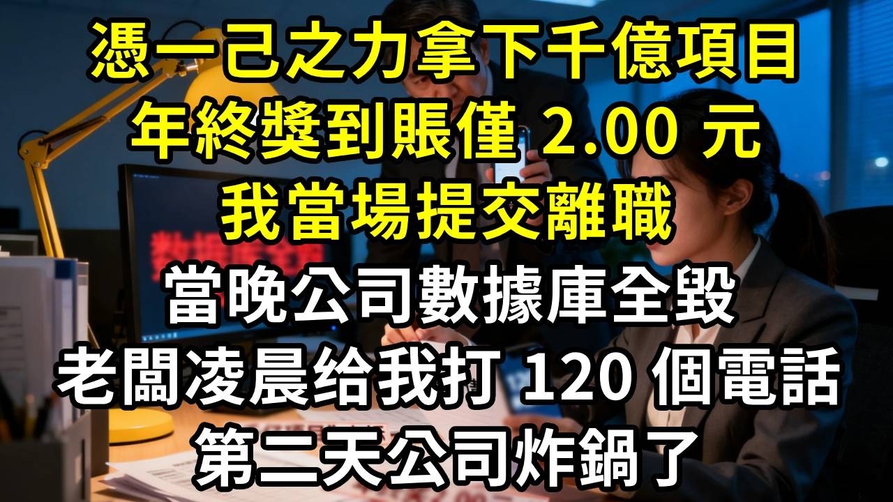 憑一己之力拿下千億項目，年終獎到賬僅 2.00 元，我當場提交離職，當晚公司數據庫全毀，老闆凌晨给我打 120 個電話#高田小說社