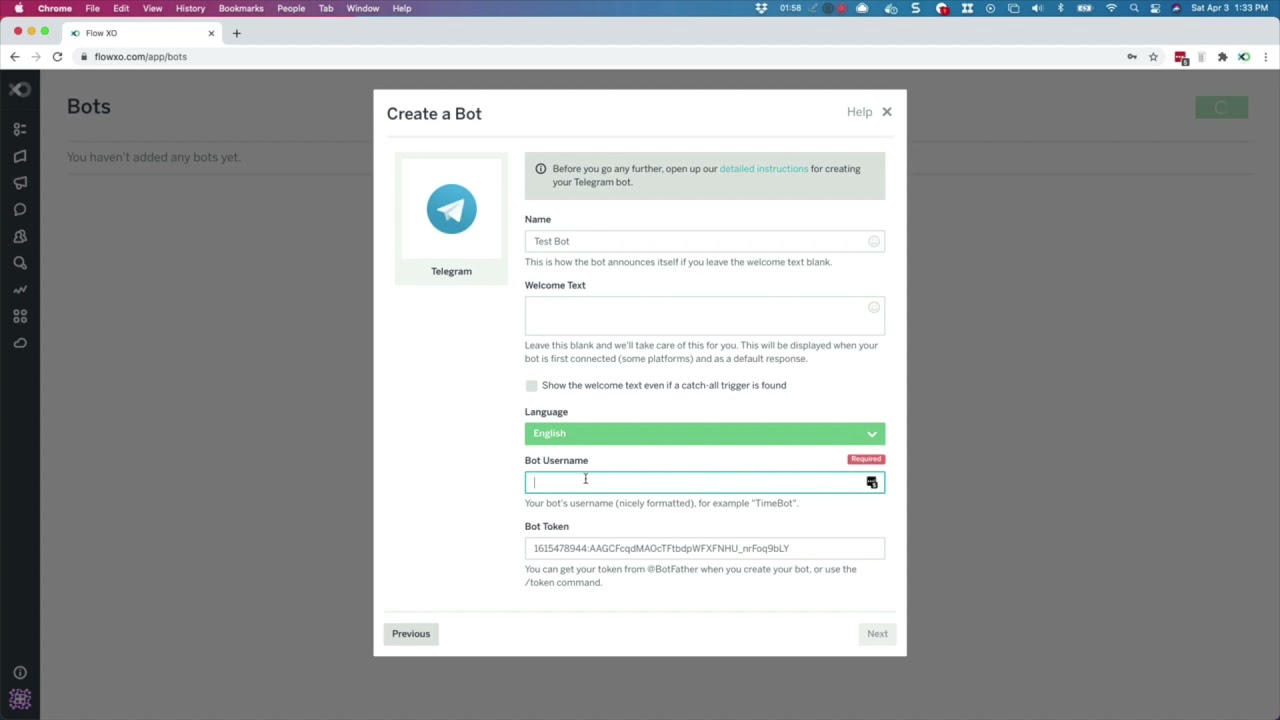 Connecting your Flow XO bot to Telegram