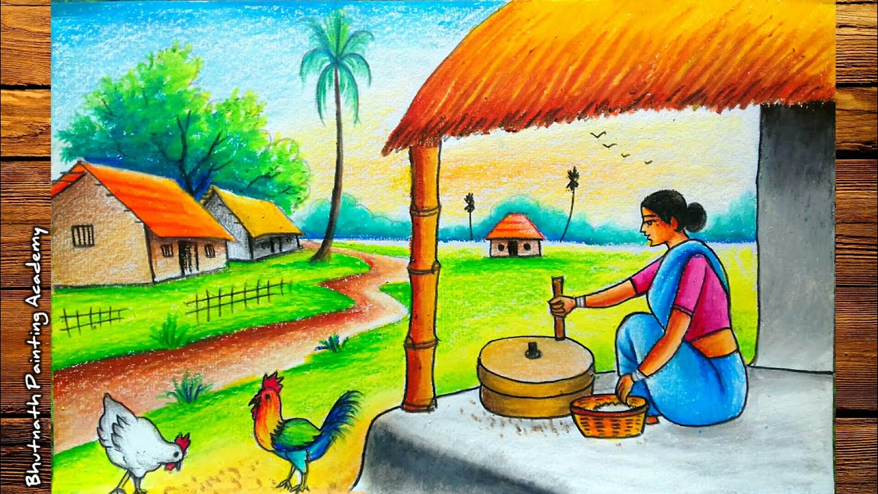 beautiful village landscape scenery drawing||how to draw nature easy