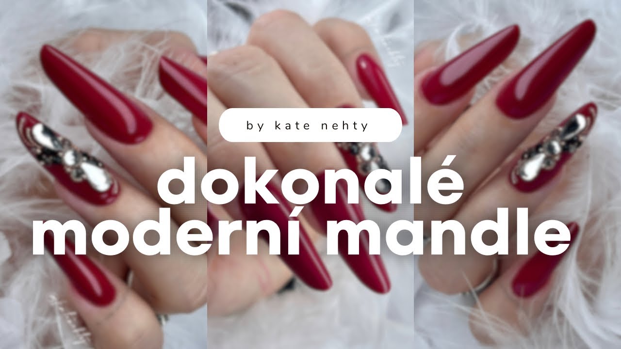 MOJE NEJDELŠÍ NEHTY: moderní mandle na šablony, celobarva a kamínkové zdobení 💅🏻 | Kate nehty