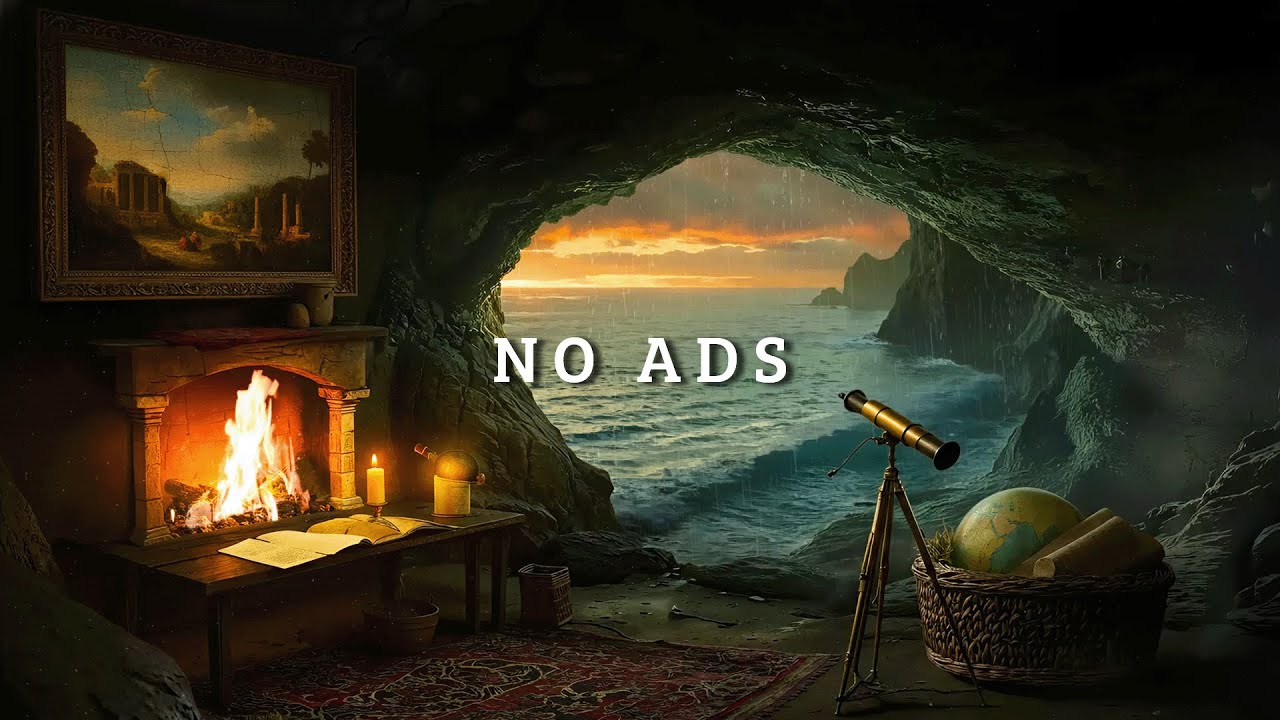 Old Explorer's Cave Ambience 🔭 Rain, Ocean & Fireplace Sounds