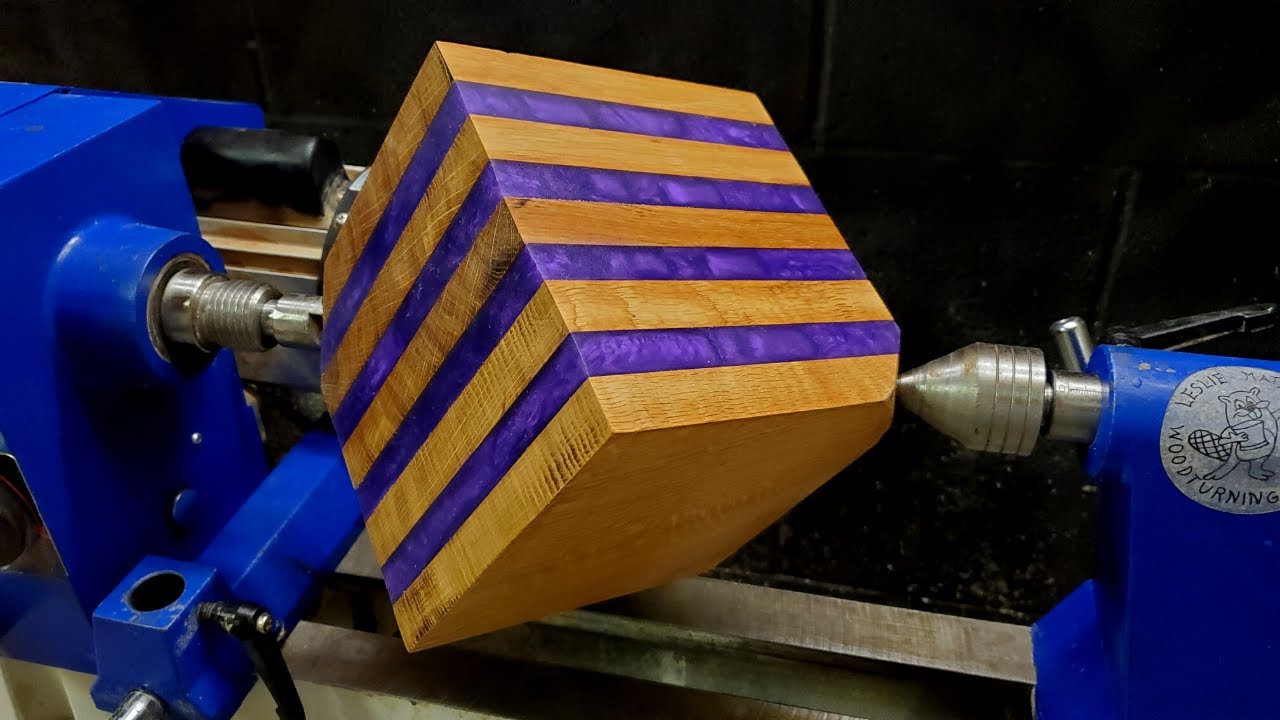 Woodturning- cube with purple stripes