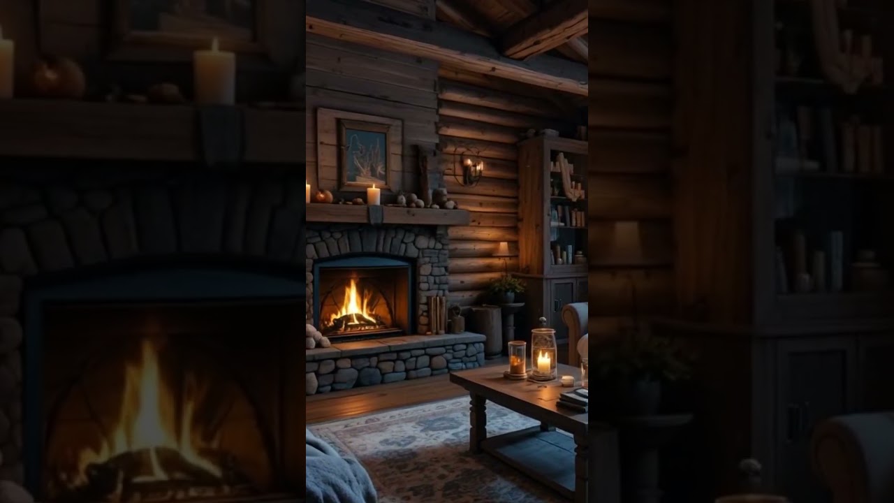 Cozy Cabin Living Room at Night with Candlelight & Fireplace 🔥❄️ | Peaceful Winter Ambience