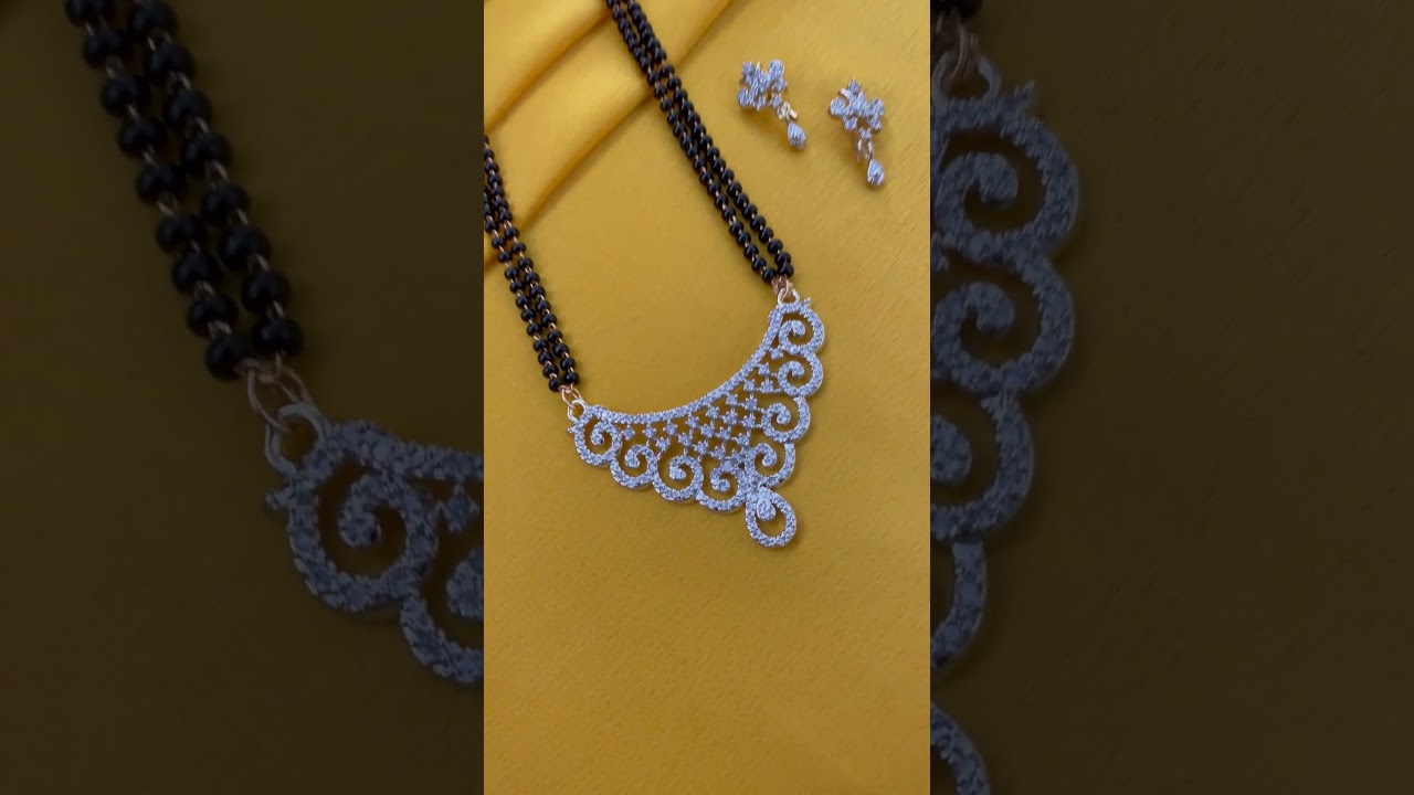 Long Gold Artificial American Diamond Mangalsutra Set Modern Simple Trendy 2 Line Black Beads Chain