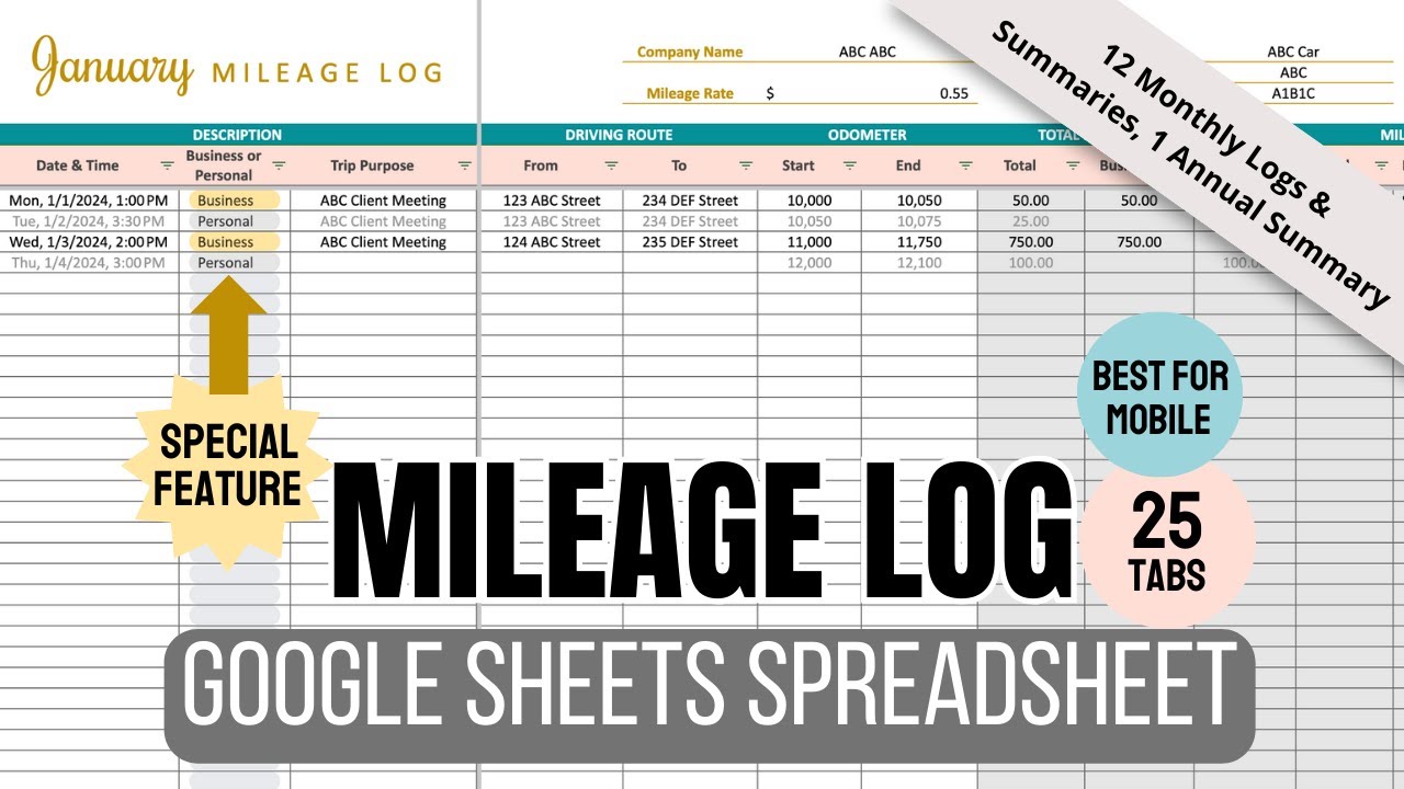 Mileage Log Google Sheets Spreadsheet - 12 Months Business vs. Personal Expenses (best for mobile)