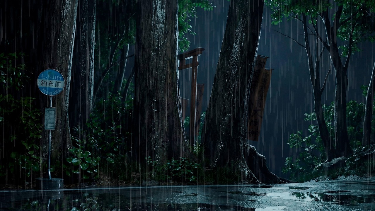 The Bus Stop in Heavy Rain | Deep Sleep | 8 Hours | No Music | Ghibli-inspired