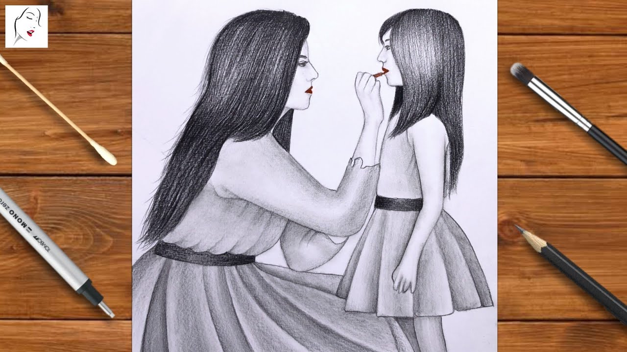 How to draw a Mother and Daughter Love Drawing | Follow Along Drawing Lesson | The Crazy Sketcher