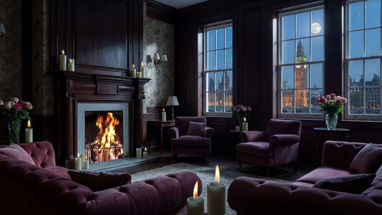 London Winter Night Ambience ❄️ Rain & Fireplace (No Music) | 3 Hour White Noise for Study Sleep