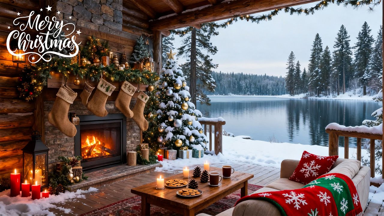 Christmas Porch Ambience 🎅 Christmas Piano Music with Crackling Fireplace 🎄 Christmas Songs Playlist