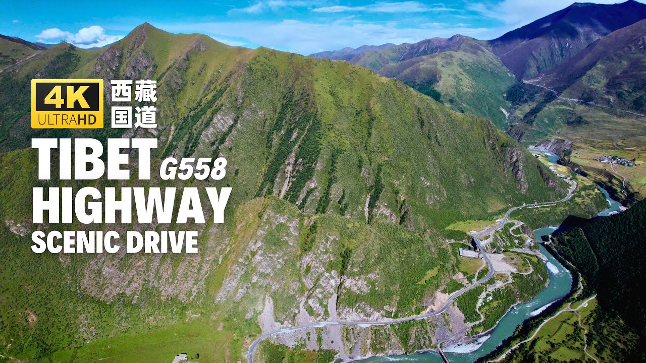 Driving in Tibet China on Stunning Highway thru Tibetan villages, mountains and valleys