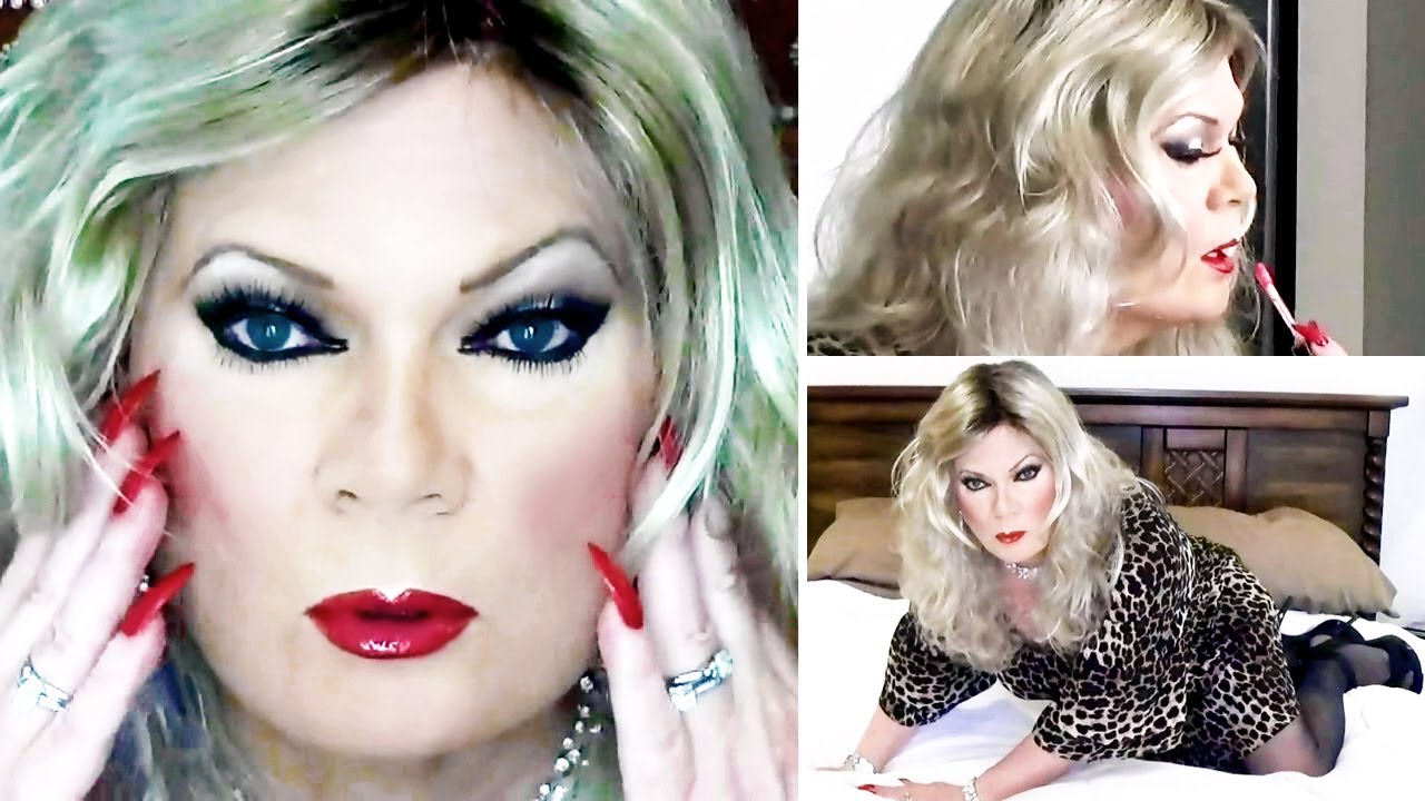 Crossdresser Tgirl Sexy Red Long Nails and Lipstick in a Leopard-Print Minidress