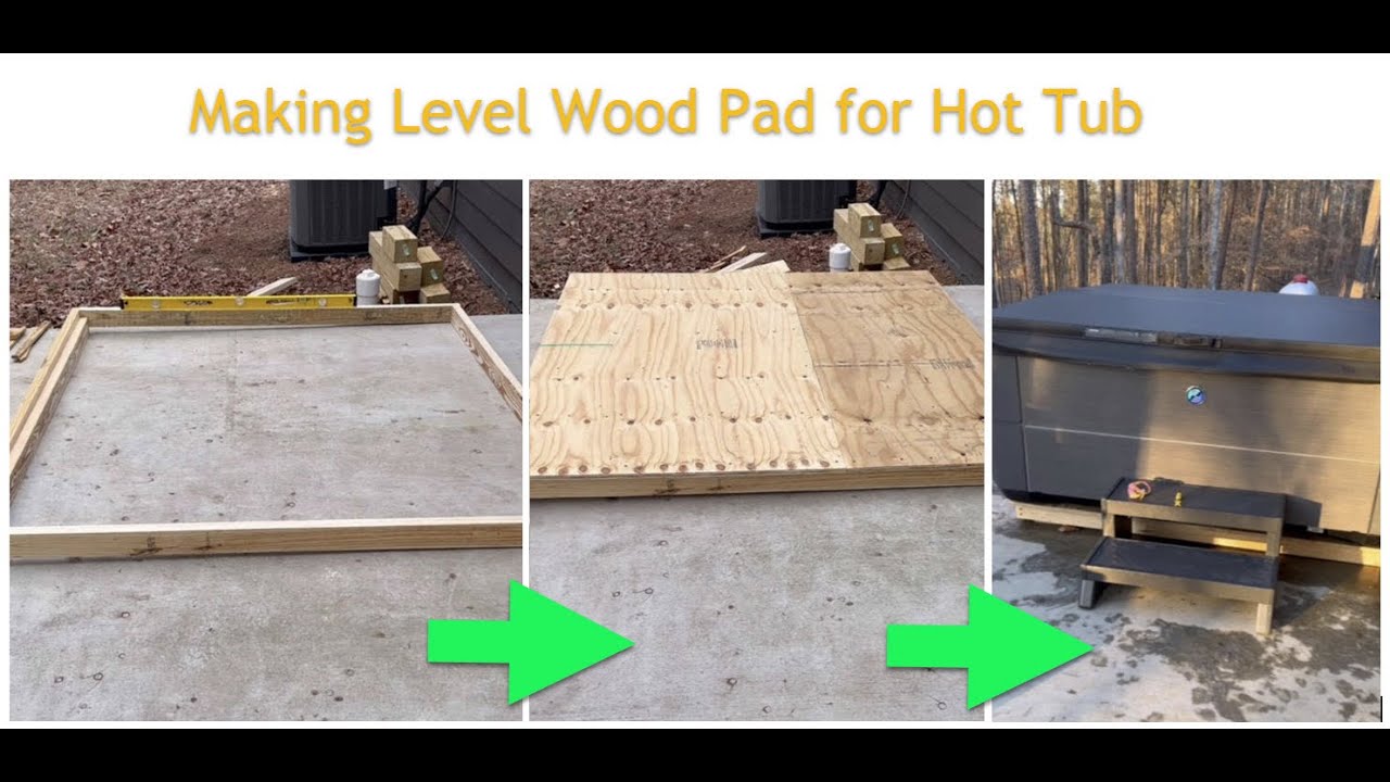 Building level wood platform for hot tub on sloped concrete slab