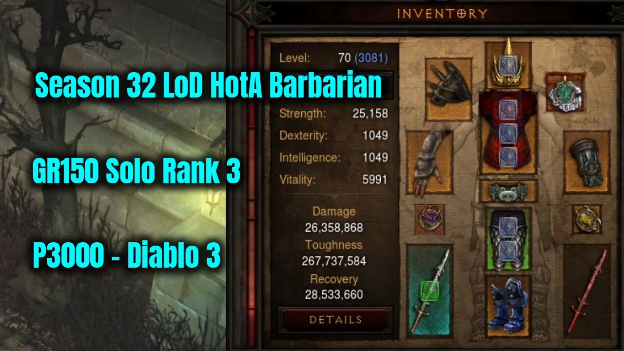 Season 32 LoD HotA Barbarian GR150 Solo Rank 3 - Diablo 3