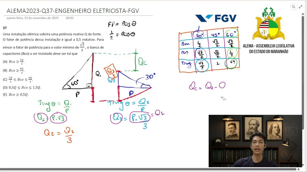 FGV - Engenharia Elétrica - Questão 37 - ALEMA2023 - Circuitos elétricos em corrente alternada (CA)
