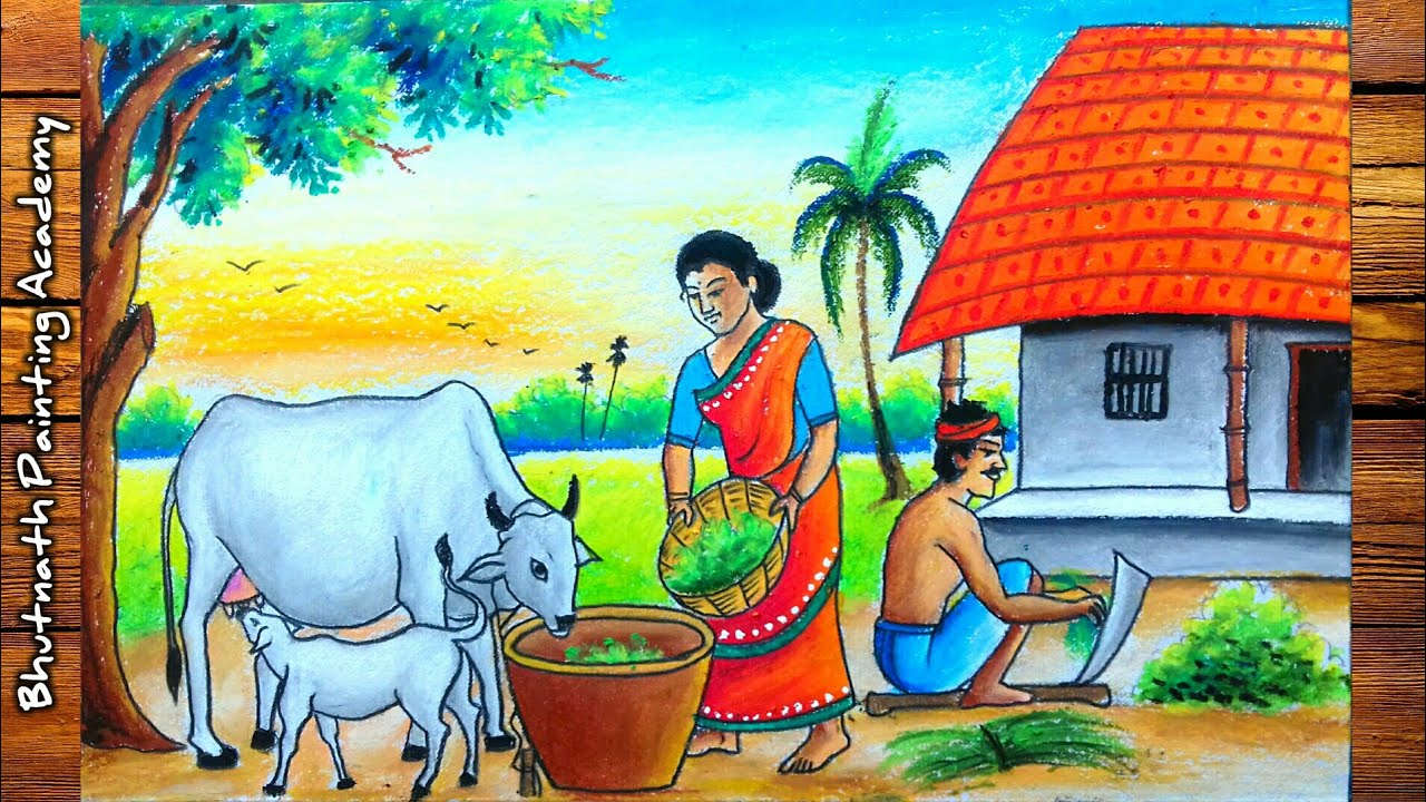 cow scenery drawing easy