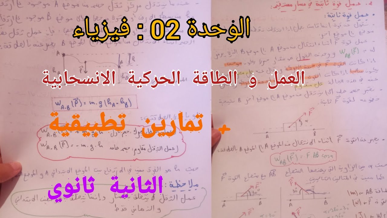 العمل و الطاقة الحركية الانسحابية+ تمارين تطبيقية للسنة الثانية ثانوي لجميع الشعب العلمية