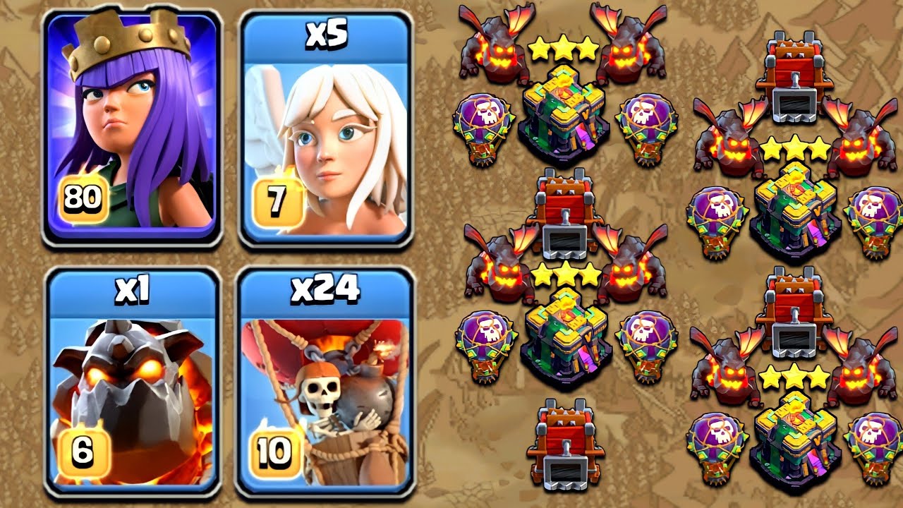 Queen Walk Lalo Attack Strategy With Log Launcher! Lava + 24 Balloon + 5 Healer Th14 Attack Strategy