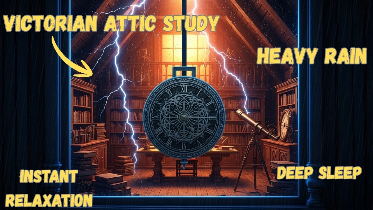 Victorian Attic Study: Heavy Rain on Slanted Roof & Old Clock Ticking (8 Hours)